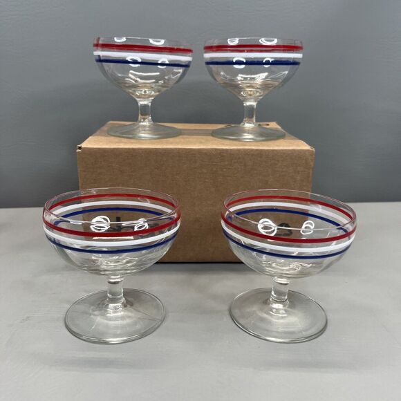VTG Clear Glass Sherbet Dessert Bowls Footed Dishes Red White Blue Accent Rims - Picture 1 of 9